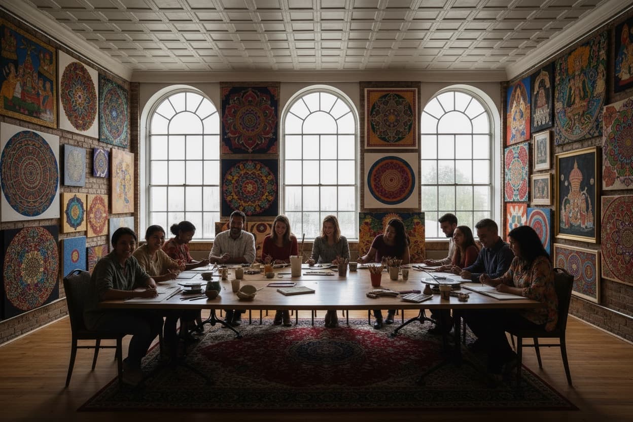 A group making art together around a long table in a gallery hung with Indian artwork