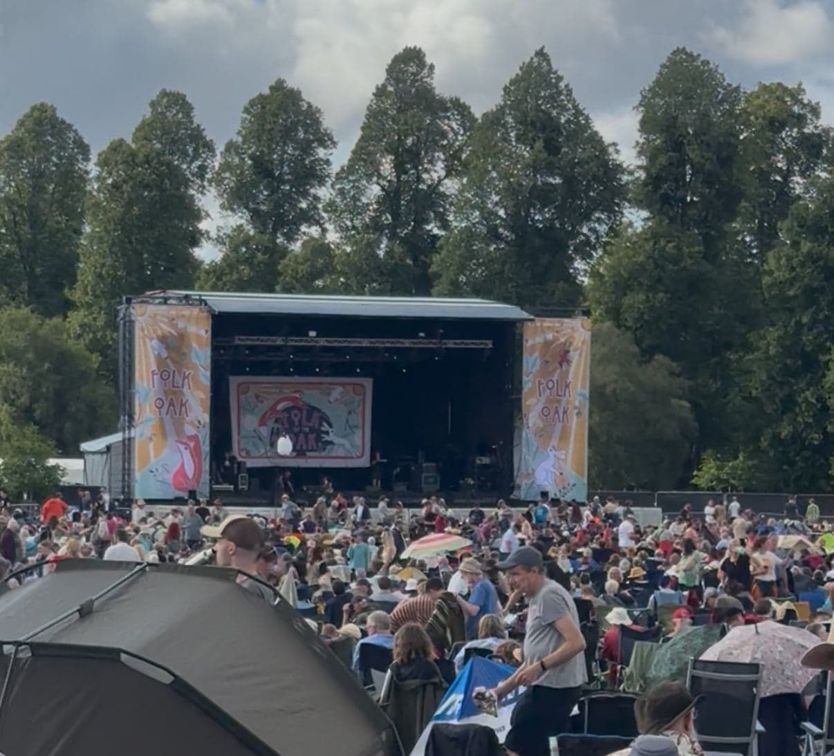A festival crowd in front of the main stage at Folk by the Oak