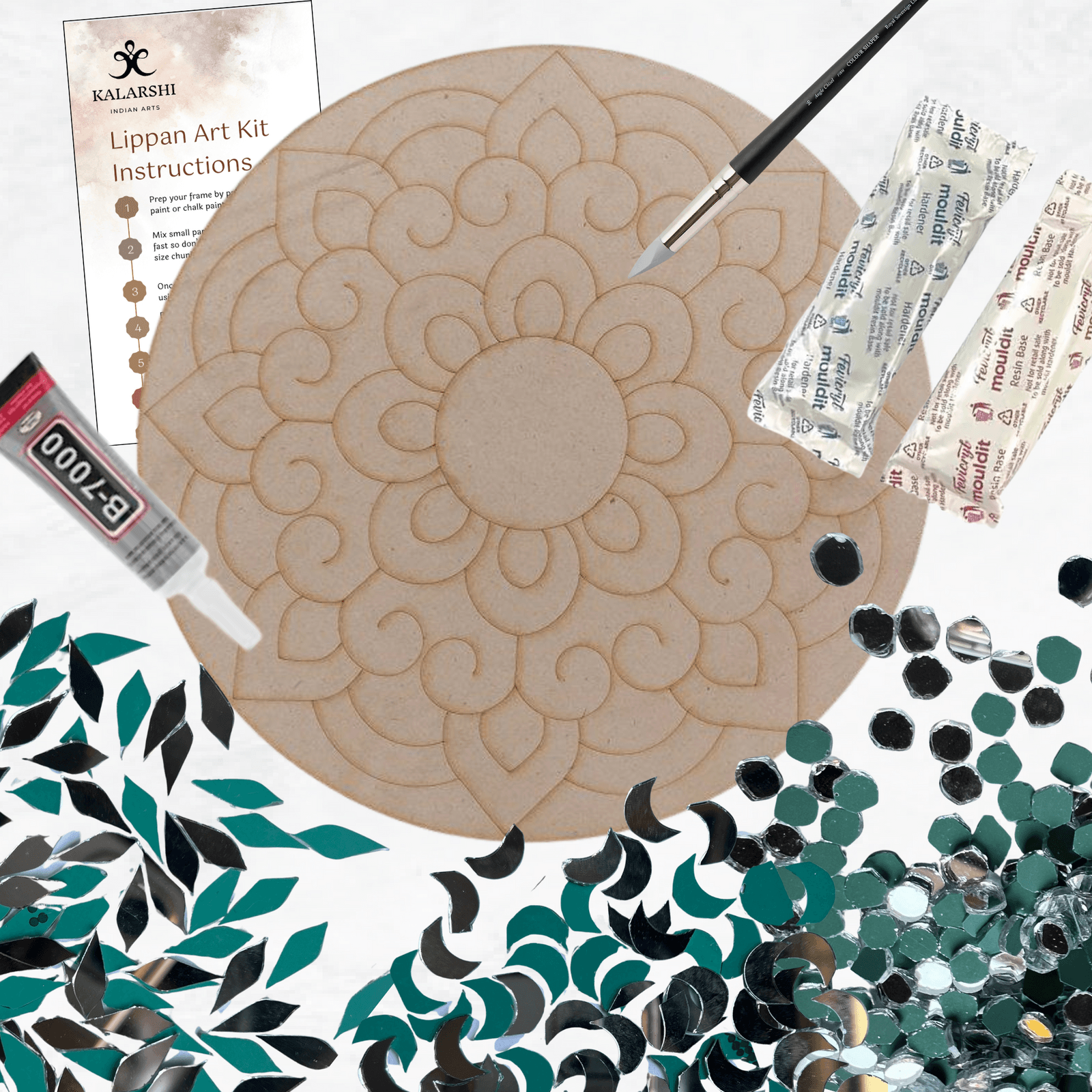 A Lippan art kit: a round MDF board marked with a mandala design, with clay, glue, a brush and mirror pieces in several shapes